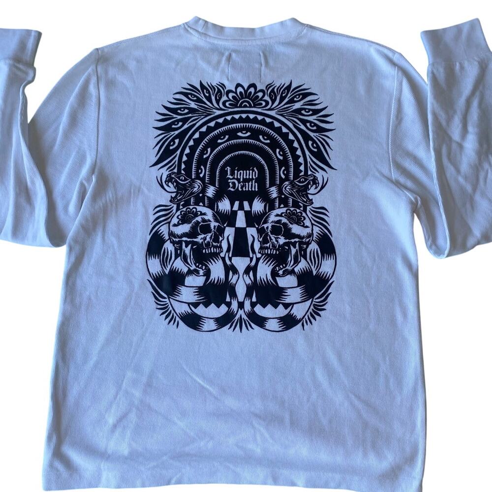 Liquid Death L/S Shirt Skull Snake Graphics front/back White Waffle Knit Medium